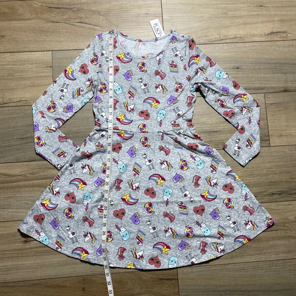 The Children's Place Girls Long Sleeve Printed  Skater Everyday Dress Large Gray